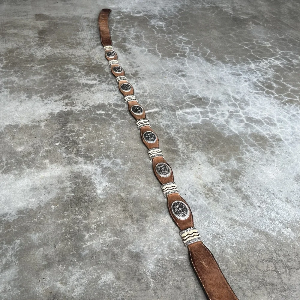 True Vintage Tony Lama Brown Leather Belt Studded Silver Size 44
